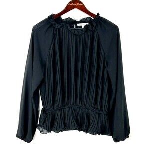 Story On Womens Size L Black Blouse Flouncy Sheer Ruffled Bohemian Flowy Top R3
